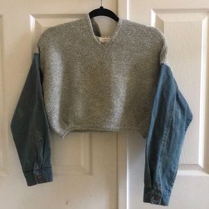 BNWT Crop Patchwork Grey Knit Denim Hoodie